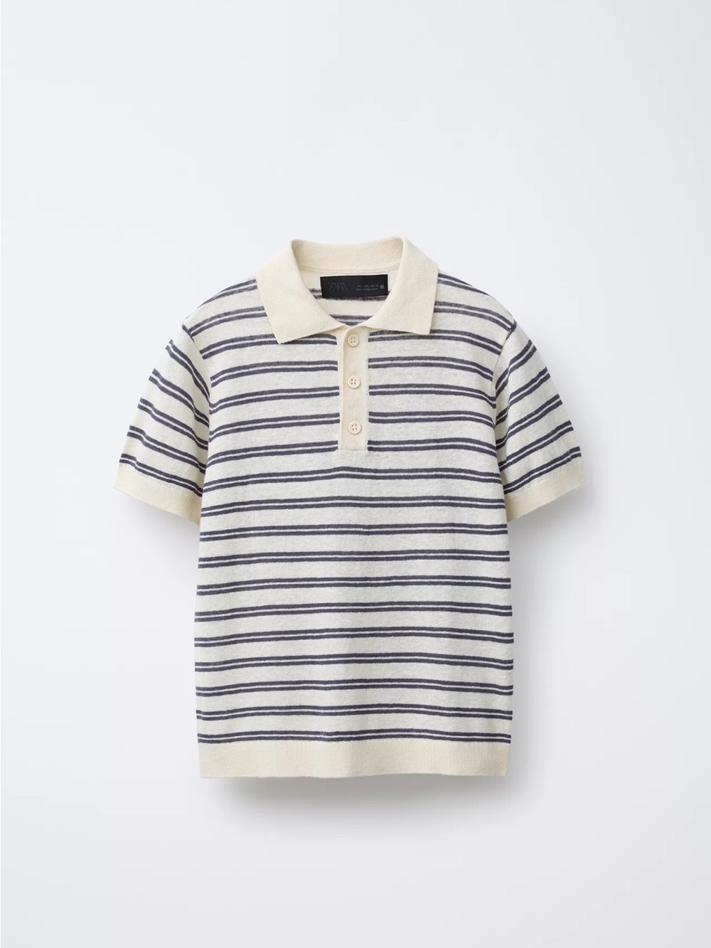 Zara Linen Cotton Striped Knit Polo in Cream and Navy